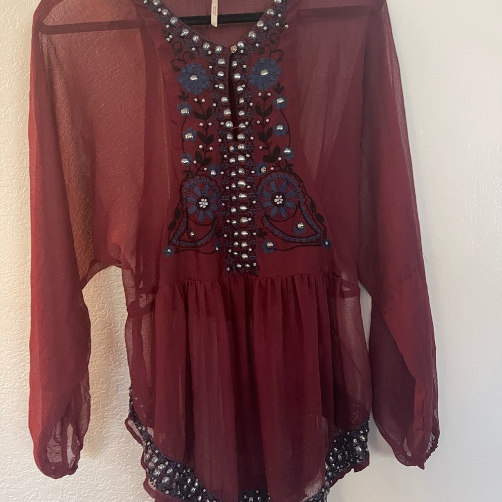 Embroidered Sheer Maroon Top